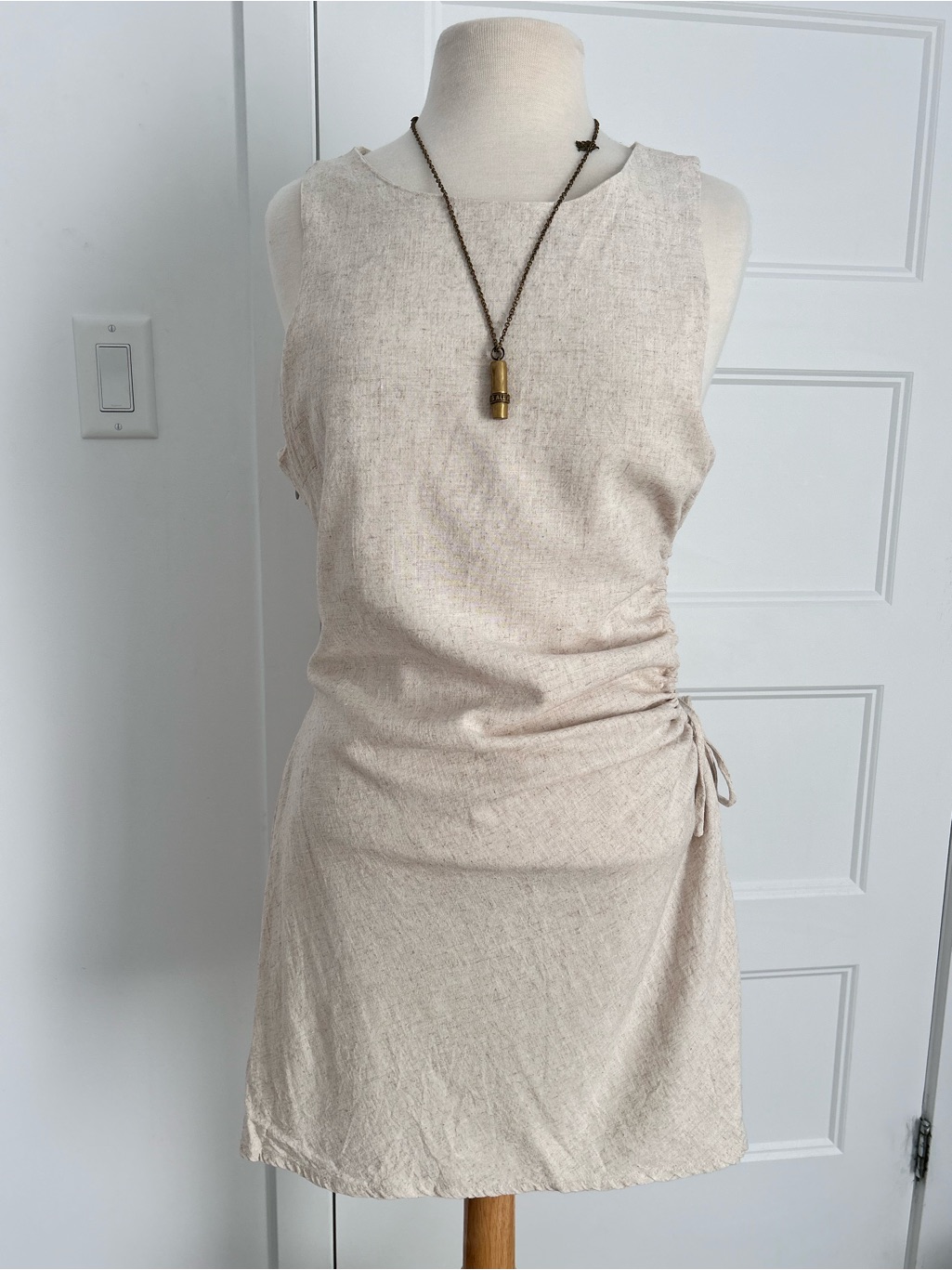 Acw Rayon/Linen Blend Sleeveless Cream Mini Dress With Side Ruched Detail